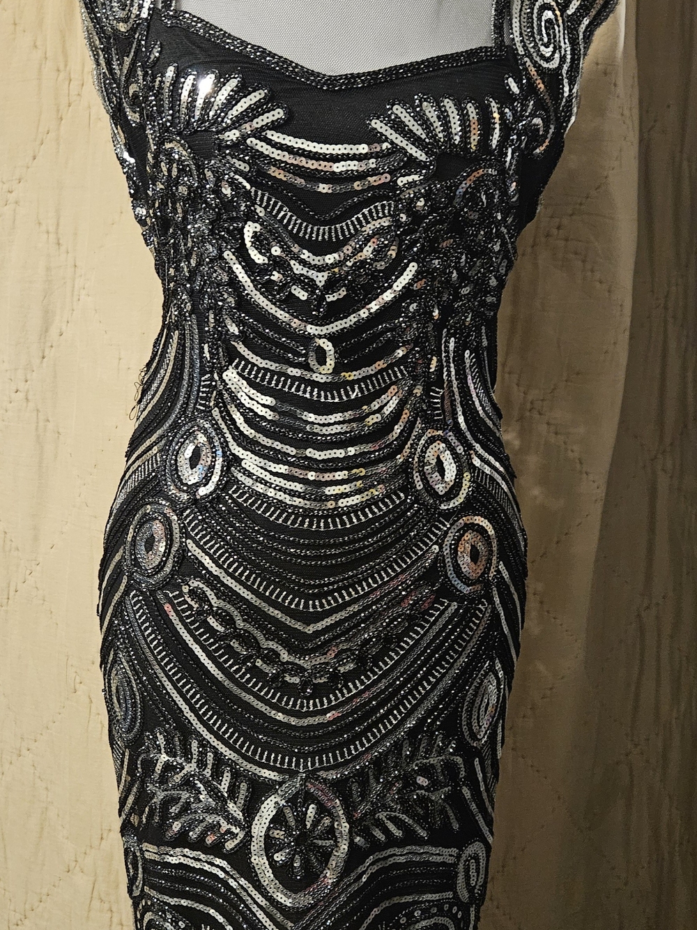 Black Silver Sequin Dress M Art Deco Sheer Mesh Open Back Cocktail Party